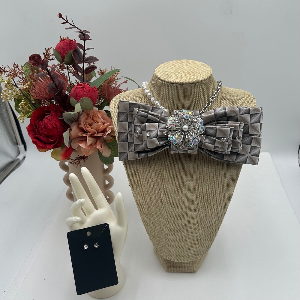 Van Heusen Unisex Upcycled Bow Tie Grey Geometric Rhinestone Pearl Statement